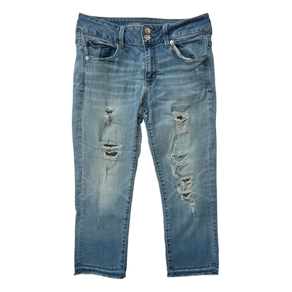 American Eagle Super Stretch Skinny Capris Size 4 Light Wash Distressed